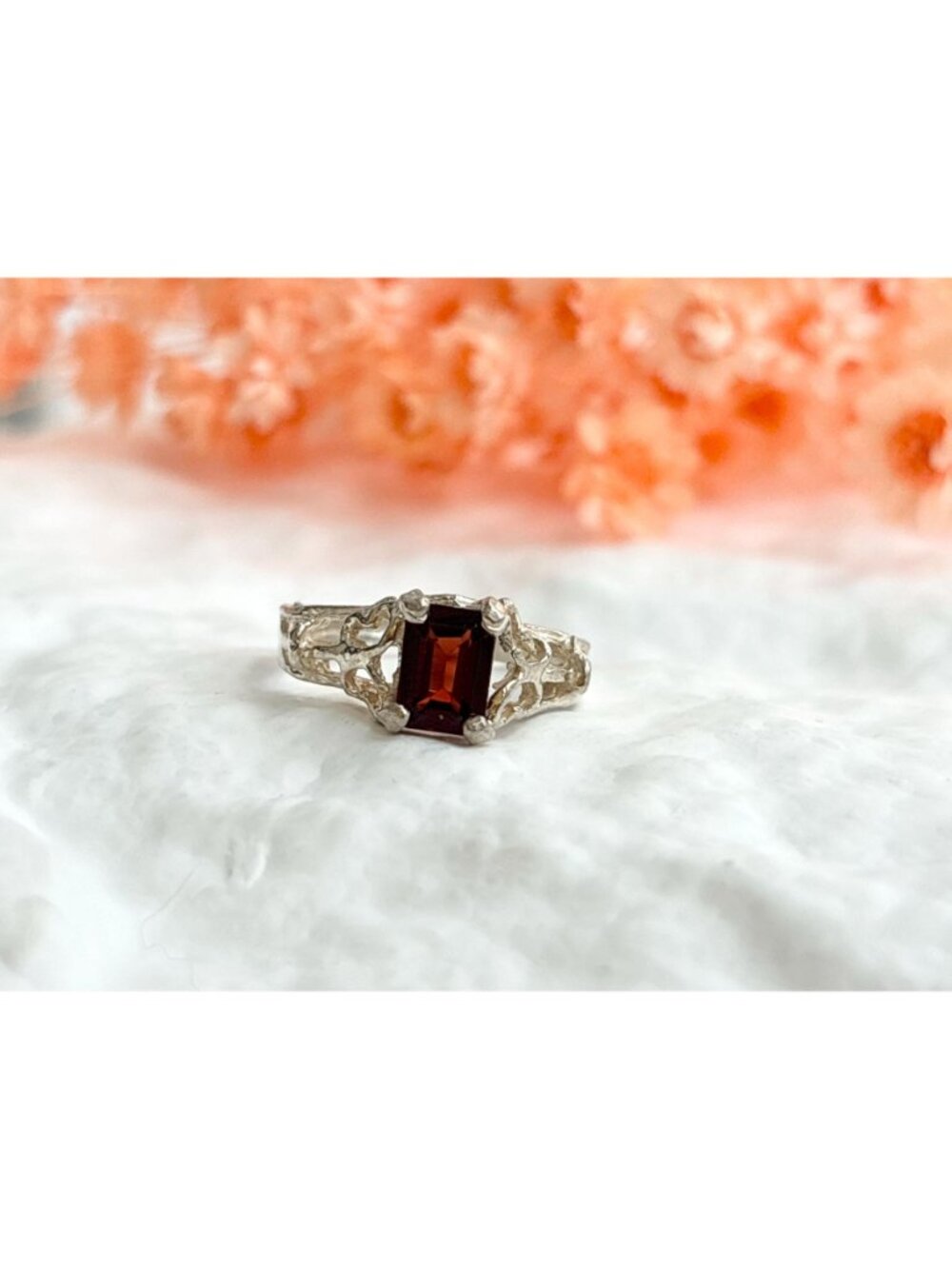 Garnet Emerald Cut Gemstone Sterling Silver 925 Elegant Vintage Ring - Picture 11 of 13